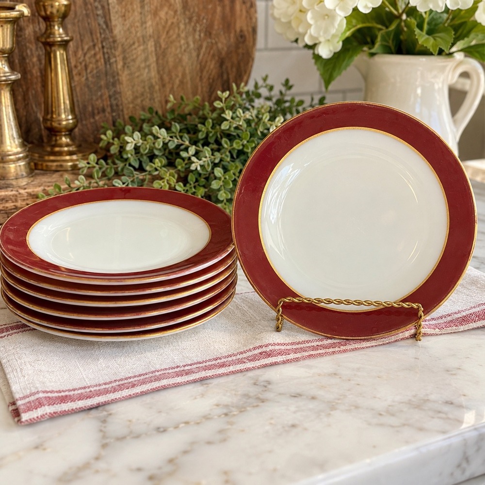 Vintage Pyrex 7" Dessert Plates Set of 6 Burgundy Red Gold Rim Milk Glass